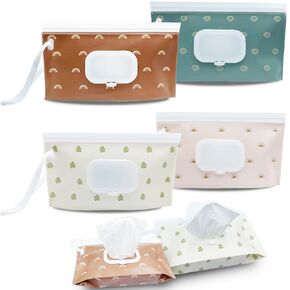 4 pack Baby Wipes Dispenser [New Version-One Press Open],Portable Wipe Pouch,Refillable Wipe Holder, Baby Wipes Container Reusable Wet Wipes Bags Pouch for Travel (B)