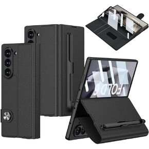 Miimall Slim Fit for Z Fold 6 Case with S Pen Slot & Card Slot, Built-in Screen Protector Kickstand Full-Body Protection Anti-Scratch Magnetic Closure Leather Wallet Case for Z Fold 6, Black