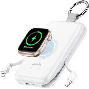 RORRY Portable Charger, 10000mAh PD 20W Fast Charging Portable Charger Power Bank with Built in Cables, Travel Battery Pack for iPhone 15/14/13/12/11 and Apple Watch Ultra/9/8/7/6/5/4/3/2, Pink