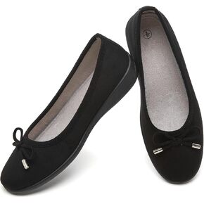 Eydram Womens Ballet Flats with Bowknot,Faux Suede Women's Flats,Round Toe Black Dress Shoes for Women