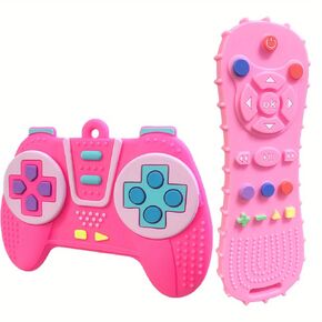 Baby Teething Toy, Soft TV Remote+Game Machine Shape Chew Set Intellectual Development Intellectual Development Educational Toy,Safe Silicone Toddler Infant (Pink (Handle+Remote Control))