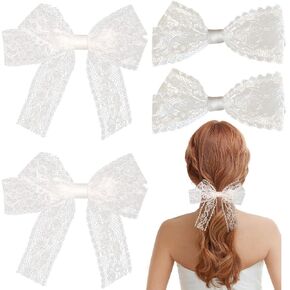 4 PCS White Lace Hair Bows Clips Cute Lace Ribbon Bow Alligator Clip Tulle Bows for Hair Metal Clip Bow Hair Clips Bowknot clips Hollow Out Hair Barrettes for Women Girls Bowknots Tassel Hair Barrette