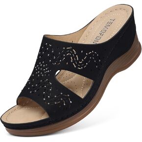 TEMOFON Women Wedge Sandals Summer: Comfortable Walking, Rubber Sole, Soft Leather, Dressy Casual Slip on Sandal Shoes