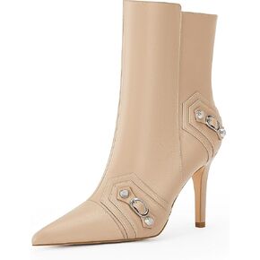 Coutgo Womens High Heel Ankle Boots Pointed Toe Sexy Stiletto Buckle Decor Zipper Booties Fall Winter Shoes