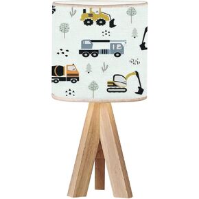 Tripod Bedside Desk Table Lamp Cute Trucks Hand Drawn Color Childrens Seamless Hand Drawn Wood Nightstand Lamp with Linen Fabric Shade for Nursery Bedroom Living Room Kids Room