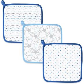 SwaddleDesigns Cotton Muslin Washcloths, Set of 3, Starshine Shimmer, Blue