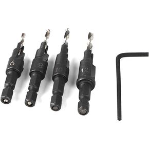 Countersink Drill Bit Sets, 5PCS HSS Countersink Drill Bit #6, 8, 10, 12 Tapered Bit with 1/4" Hex Shank Quick, Allen Wrench, Counter Sinker Drill Bit Set for Woodworking and Carpentry