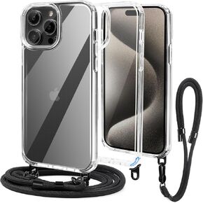 HANDODO Clear Crossbody Case for iPhone 13 Pro Max with Detachable Adjustable Neck Lanyard and Wrist Strap，Anti-Yellow iPhone Cover with Drop Protection Shockproof Protective Cases