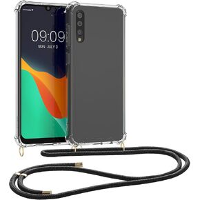 kwmobile Crossbody Case Compatible with Samsung Galaxy A50 Case - Clear TPU Phone Cover w/Lanyard Cord Strap - Transparent/Black