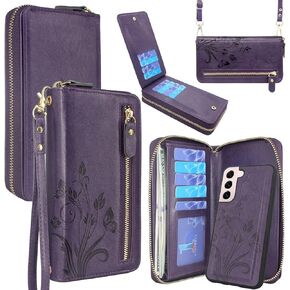 Lacass Compatible with Samsung Galaxy S22 5G 6.1 inch 2022 Crossbody Chain Dual Zipper Detachable Magnetic Leather Wallet Case Cover Wrist Strap 13 Card Slots (Floral Cyan Green)