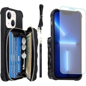 MONASAY Zipper Wallet Case Fit for iPhone 13,[Glass Screen Protector ][RFID Blocking] Flip Leather Handbag Phone Cover with Card Holder & Detachable Crossbody Shoulder Lanyard Strap, Black
