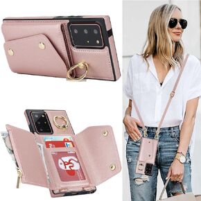 for Samsung Galaxy Note 20 Ultra Phone Case for Women, Crossbody Wallet Case with Credit Card Holder Lanyard Shockproof Purse Kickstand Case for Samsung Note 20 Ultra.Crossbody Rose Gold