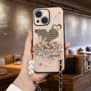 متوافق مع حافظة iPhone 14 Plus اللامعة مع سلسلة كروس لؤلؤية لامعة وقلب الحب الماسي وأحجار الراين الزهرية للنساء البناتي، غطاء حماية كامل لعدسة الكاميرا الناعمة من مادة TPU، ذهبي وردي