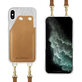 for iPhone Xs Max Premium Fabric Top Grain Real Leather Slim Crossbody Phone Case with Card Holder Card Slot Adjustable & Detachable Leather Strap for iPhone Xs Max 6.5 inch White
