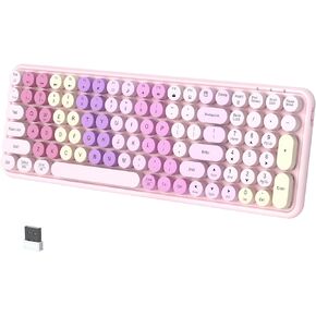 Colorful Bluetooth Keyboards, Wireless Keyboard Multi-Device (USB + Dual BT), Compact 100 Keys Typewriter Retro Round Keycaps Keyboard for PC Laptop Pad Phone(Rainbow-Pink)