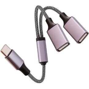 USB C Male to Dual USB Female Adapter(10 inch long), USB C to Double USB Splitter, C to Two Type A 2.0 OTG Adapter, Multiple Hub for Laptop,Tablet,Telephone,Flash Disk Drive, Gaming Consoles(Grey)