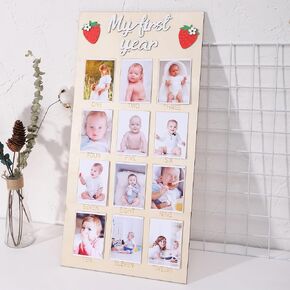 One Year Of Birthday Photo Board - Strawberry 1st Birthday Decorations,12 Monthly Milestones Birthday Decor,Berry First Birthday Photo Board,Wooden First Birthday Decor