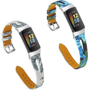 FitTurn Compatible with Fitbit Charge 6/Charge 5 Leather Bands Women Men Replacement Pastoral Style Printing Wristband Vent Holes Sport Strap for Charge 6/Charge 5 Advanced Fitness & Health Tracker