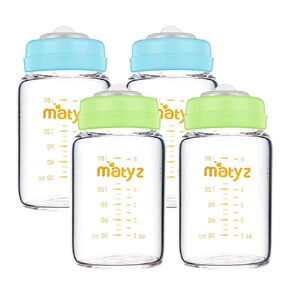 Glass Breastmilk Storage Containers, 4 Pack, 6 oz Bottle, Fit with Spectra Medela Avent Pump - Wide Mouth Breastmilk Collection and Storage Bottle with Lids - BPA Free (2 Green & 2 Blue Lids)