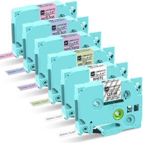 6 عبوات D210S H1100 E1000 D480BT P3200 شريط صانع الملصقات 12 مم 0.47 بوصة شريط مصفح متعدد الألوان أسود على أبيض/أرجواني فاتح/أزرق فاتح/وردي فاتح/أخضر نعناعي/شفاف لـ PT-D210 H110 D220 in Kuwait