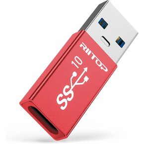 RIITOP USB A to USB C Adapter, USB C Female to USB A Male Converter Double-Side 10Gbps (Upgraded) [Red]