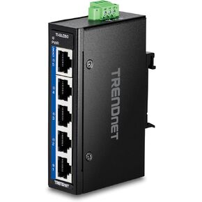 TRENDnet 5-Port Industrial Gigabit DIN-Rail Mini Switch, TI-GLC50, 5 x Gigabit Ports, Extreme Temperature IP30 Rated, 10Gbps Switch Capacity, Black