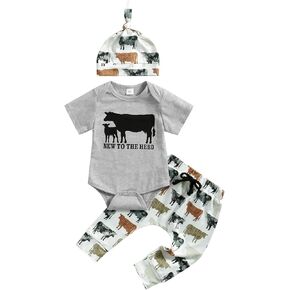 Newborn Baby Boy Clothes Cow Print Letter Short Sleeve Romper Long Pants Hat 3pcs Infant Cowboy Outfits 0-18M
