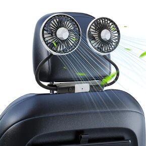 Dual Car Backseat Cooling Fans, 3 Speeds USB Car Rear Seat Fan with 2 Independent Heads and 2 Lighting Modes, 360° Rotatable Vehicle Fans, 5V Quiet Ventilation Headrest Fan for Sedan SUV RV Truck Van