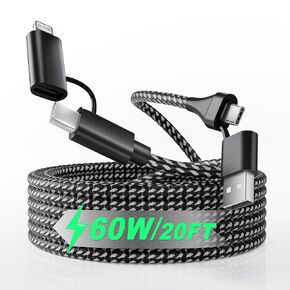4 in 1 USB C Cable 60W 20FT Lightning Cable - Fast Charging Nylon Braided Data Sync MFi Certified, Long iPhone Charger for iPhone iPad Charger Cord Multi Charge Cable with Lightning/Type C/USB A Port