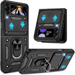 for Samsung Galaxy Z Flip 4 Case with Slide Camera Cover, 360°Rotation Ring Kickstand [Military Grade] Case for Samsung Galaxy Z Flip 4,Black