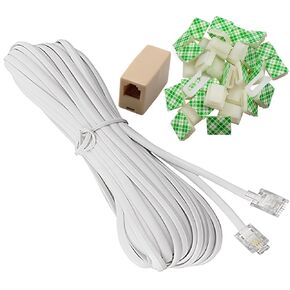 Male to Male 6P4C RJ11Phone Extension Cord 50 Ft(About 14.5m), Telephone Cable with Standard RJ11 Plug and 1 in-Line Couplers and 20 Cable Clip Holders, White (50 FT)