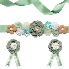 Green Maternity Sash Set Daddy and Mommy to be Corsage Pin Flowers Baby Shower Souvenir Sash Supplies Gender Reveal Decorations Pregnancy Photography Props（Green）