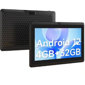 Android 12 tablet 7 inch, 4GB RAM 32GB ROM Tablets, Quad-Core 1.5GHz Processor, Dual Camera,1024 x 600 IPS HD Display Screen,512GB Expand, WiFi, BT, 7" Tablet Black