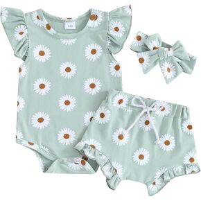 Infant Baby Girl Summer Outfit Sleeveless Daisy Print Romper Crewneck Jumpsuit Ruffle Shorts Cute Newborn Fall Clothes