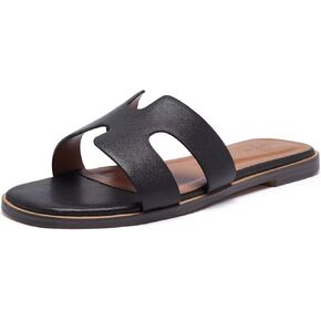 Women's Summer Brown White Black Gold Silver Leather Flat Sandals - Square Open Toe Fashion Slip-On Casual Beach Slipper