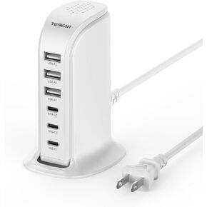 محطة شحن USB بقدرة 65 وات لأجهزة متعددة، برج شاحن سريع لهاتف TESSAN لهاتف iphone13/14/15، وipad، والكمبيوتر اللوحي، وسماعات الأذن مع 6 كتل USB (3 USB C) لملحقات السفر في المنزل والمكتب