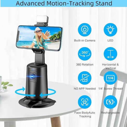حامل ثلاثي تلقائي لتتبع الوجه، حامل هاتف يدور 360 درجة مع تتبع تلقائي، لا حاجة إلى تطبيق، التحكم بالإيماءات، حامل قابل لإعادة الشحن للفيديو المباشر وتيك توك. in Kuwait
