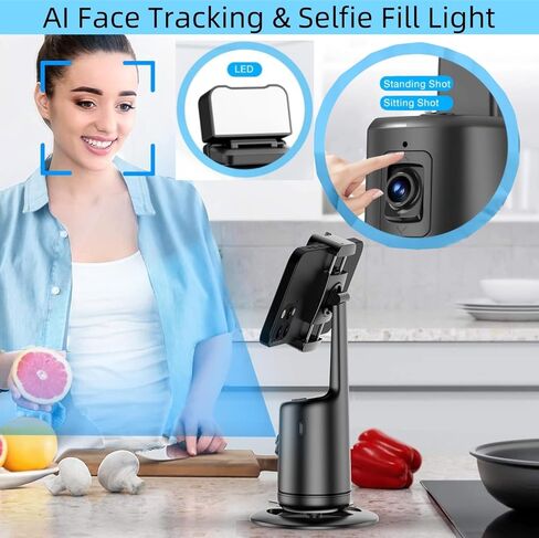 حامل ثلاثي تلقائي لتتبع الوجه، حامل هاتف يدور 360 درجة مع تتبع تلقائي، لا حاجة إلى تطبيق، التحكم بالإيماءات، حامل قابل لإعادة الشحن للفيديو المباشر وتيك توك. in Kuwait