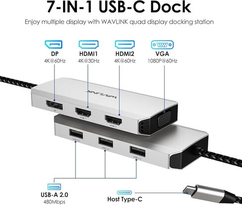 WAVLINK USB C Docking Station for MacBook Dell XPS 13/15, Lenovo Yoga, HP Laptops, USB C to Dual HDMI Monitors for Windows, USB C Hub Adapter with Dual HDMI, Displayport, VGA, 3 USB 2.0 Ports, Black in Saudi Arabia
