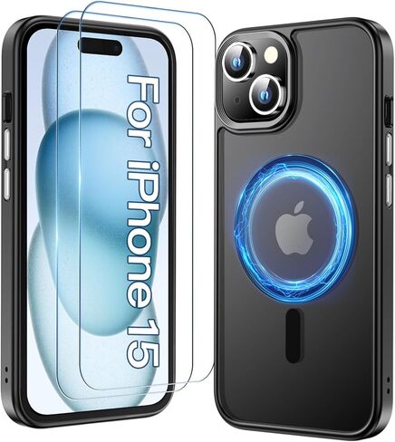 حافظة MOZOTER مغناطيسية لهاتف iPhone 15، [متوافقة مع Magsafe] [2 * واقي شاشة زجاجي] حافظة شفافة غير لامعة مقاومة للصدمات لهاتف iPhone 15، 6.1 بوصة، أسود in Kuwait