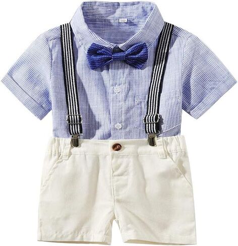مجموعة ملابس شورت حمالات قصيرة الأكمام مخططة من القطن للأولاد الصغار مع ربطة عنق in Kuwait