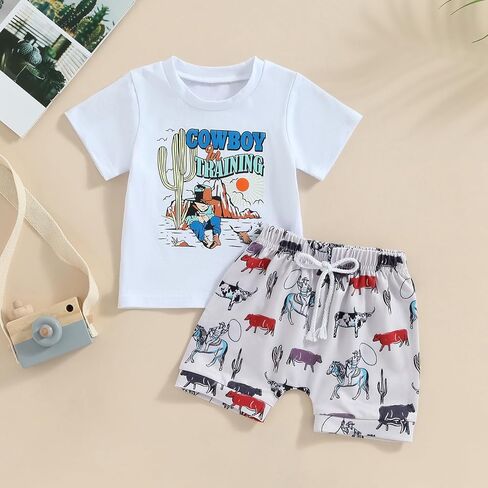 تي شيرت غربي للأطفال الأولاد مطبوع عليه بقرة المزرعة طقم شورت غير رسمي ملابس صيفية لطيفة للأطفال الصغار in Kuwait