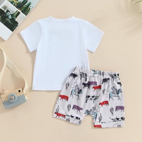 تي شيرت غربي للأطفال الأولاد مطبوع عليه بقرة المزرعة طقم شورت غير رسمي ملابس صيفية لطيفة للأطفال الصغار in Kuwait