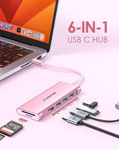 LENTION USB C Hub with 4K HDMI, 3 USB 3.0, SD/Micro SD 3.0 Card Reader, Compatible 2023-2016 MacBook Pro, New Mac Air, Chromebook, iPhone15 or More, Stable Driver Adapter (C34, Rose Gold) in Kuwait