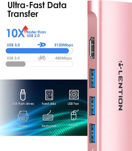 LENTION USB C Hub with 4K HDMI, 3 USB 3.0, SD/Micro SD 3.0 Card Reader, Compatible 2023-2016 MacBook Pro, New Mac Air, Chromebook, iPhone15 or More, Stable Driver Adapter (C34, Rose Gold) in Kuwait