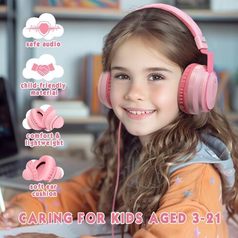Headphone Kids Volume Limited 85/96dB Wired Over-Ear/On-Earr Foldable Headset with Inline Cable Aux 3.5mm Cord Mic for Boy Girl Child School PC Notebook Tablet Pink in Kuwait