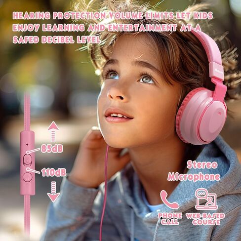 Headphone Kids Volume Limited 85/96dB Wired Over-Ear/On-Earr Foldable Headset with Inline Cable Aux 3.5mm Cord Mic for Boy Girl Child School PC Notebook Tablet Pink in Kuwait