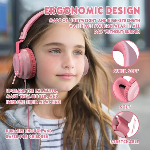 Headphone Kids Volume Limited 85/96dB Wired Over-Ear/On-Earr Foldable Headset with Inline Cable Aux 3.5mm Cord Mic for Boy Girl Child School PC Notebook Tablet Pink in Kuwait