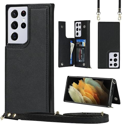 حافظة محفظة UEEBAI Crossbody لهاتف Samsung Galaxy S22 Ultra 5G، مسند مع حزام رقبة قابل للتعديل وقابل للإزالة وغطاء حامل للبطاقات وغطاء مقاوم للصدمات وغطاء بمشبك مغناطيسي وغطاء قلاب - أسود in Kuwait