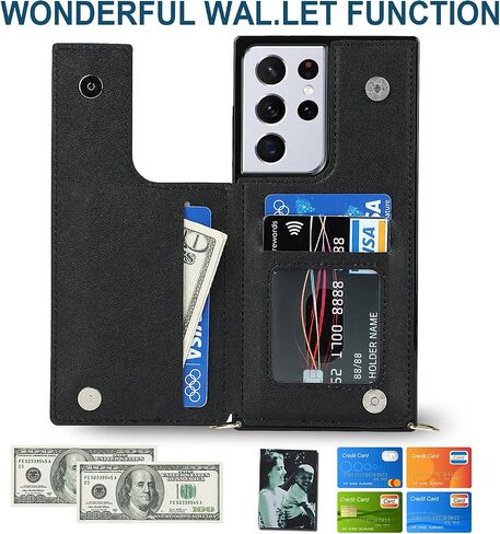 حافظة محفظة UEEBAI Crossbody لهاتف Samsung Galaxy S22 Ultra 5G، مسند مع حزام رقبة قابل للتعديل وقابل للإزالة وغطاء حامل للبطاقات وغطاء مقاوم للصدمات وغطاء بمشبك مغناطيسي وغطاء قلاب - أسود in Kuwait